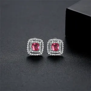 Red Crystal & Cubic Zirconia Silver-Plated Halo Square Stud Earrings