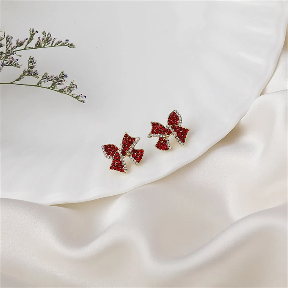 Red Cubic Zirconia & 18K Gold-Plated Bow Stud Earrings