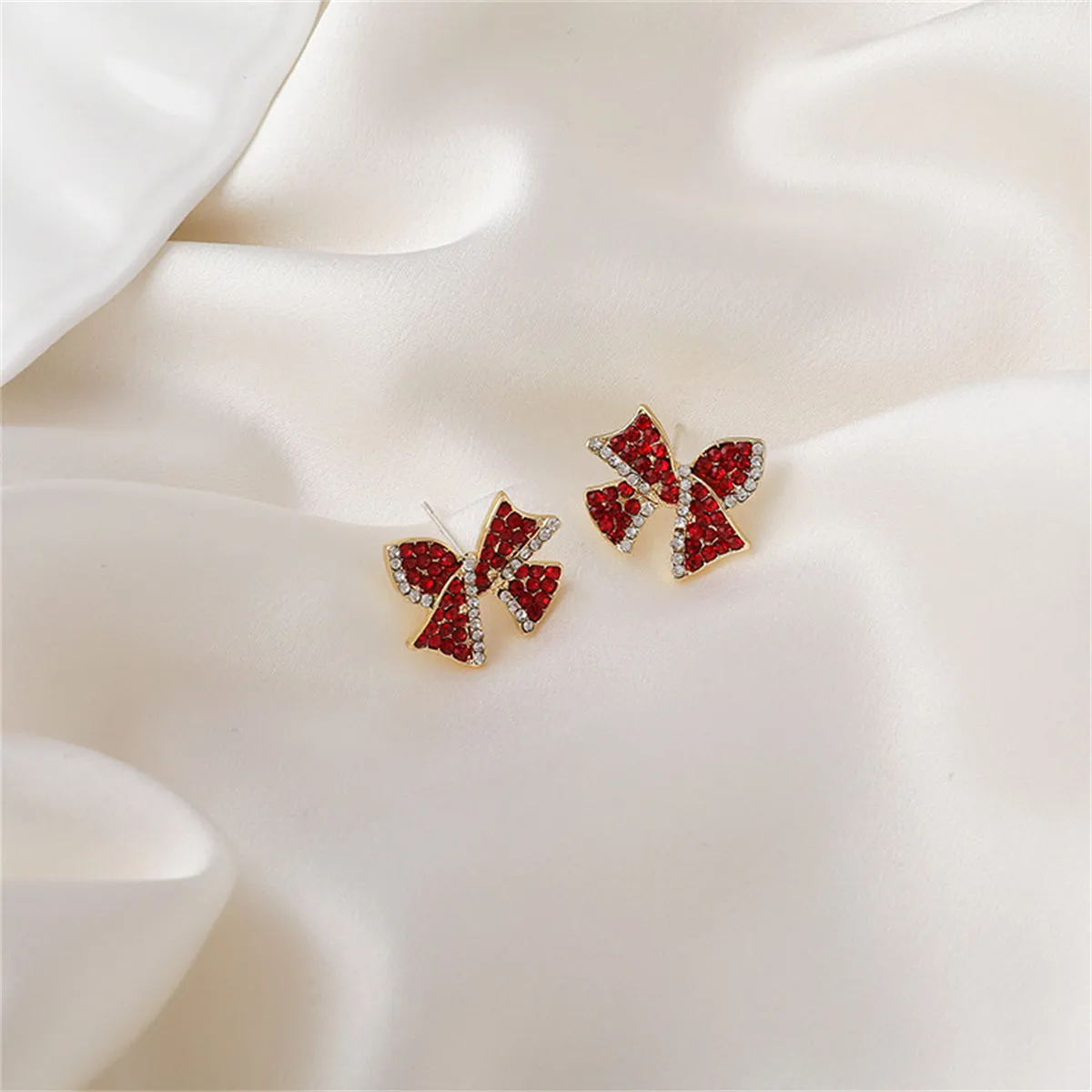 Red Cubic Zirconia & 18K Gold-Plated Bow Stud Earrings
