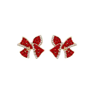 Red Cubic Zirconia & 18K Gold-Plated Bow Stud Earrings