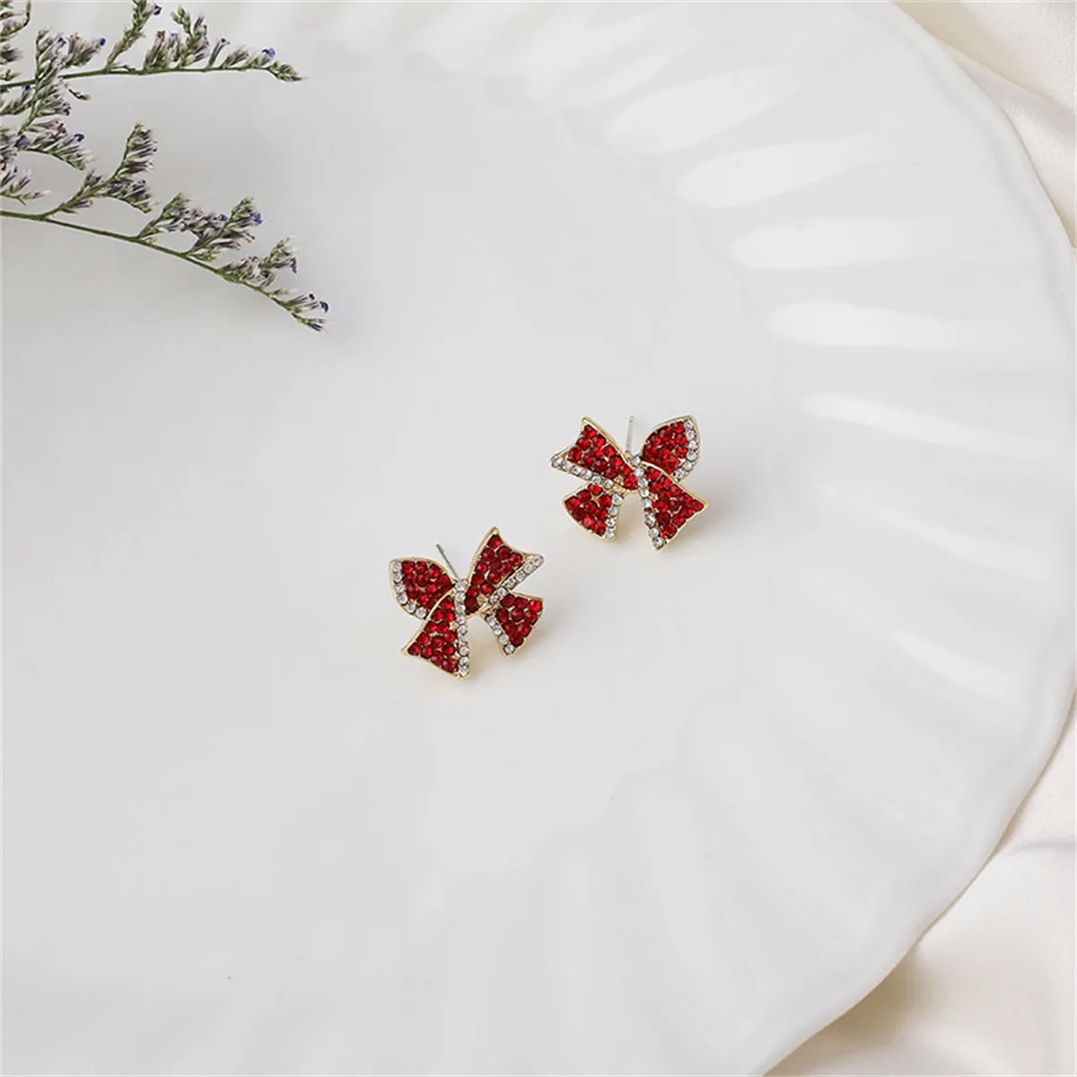 Red Cubic Zirconia & 18K Gold-Plated Bow Stud Earrings
