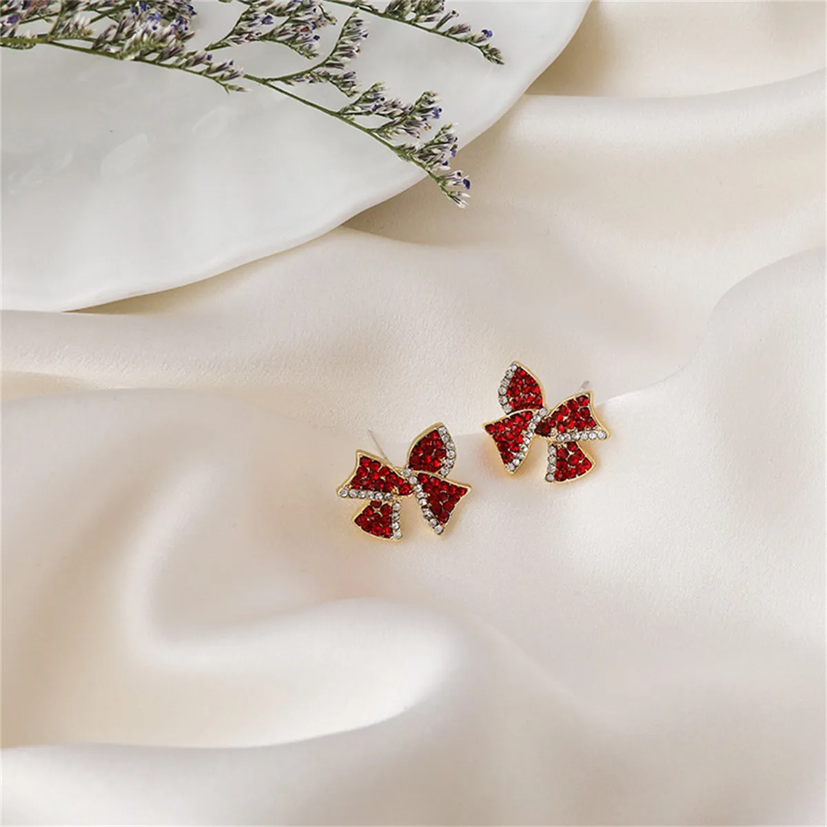 Red Cubic Zirconia & 18K Gold-Plated Bow Stud Earrings
