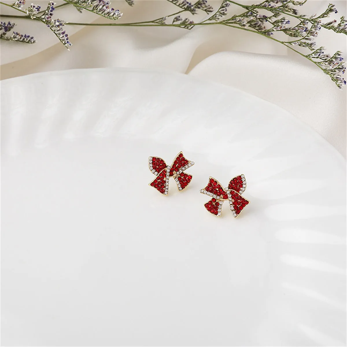 Red Cubic Zirconia & 18K Gold-Plated Bow Stud Earrings