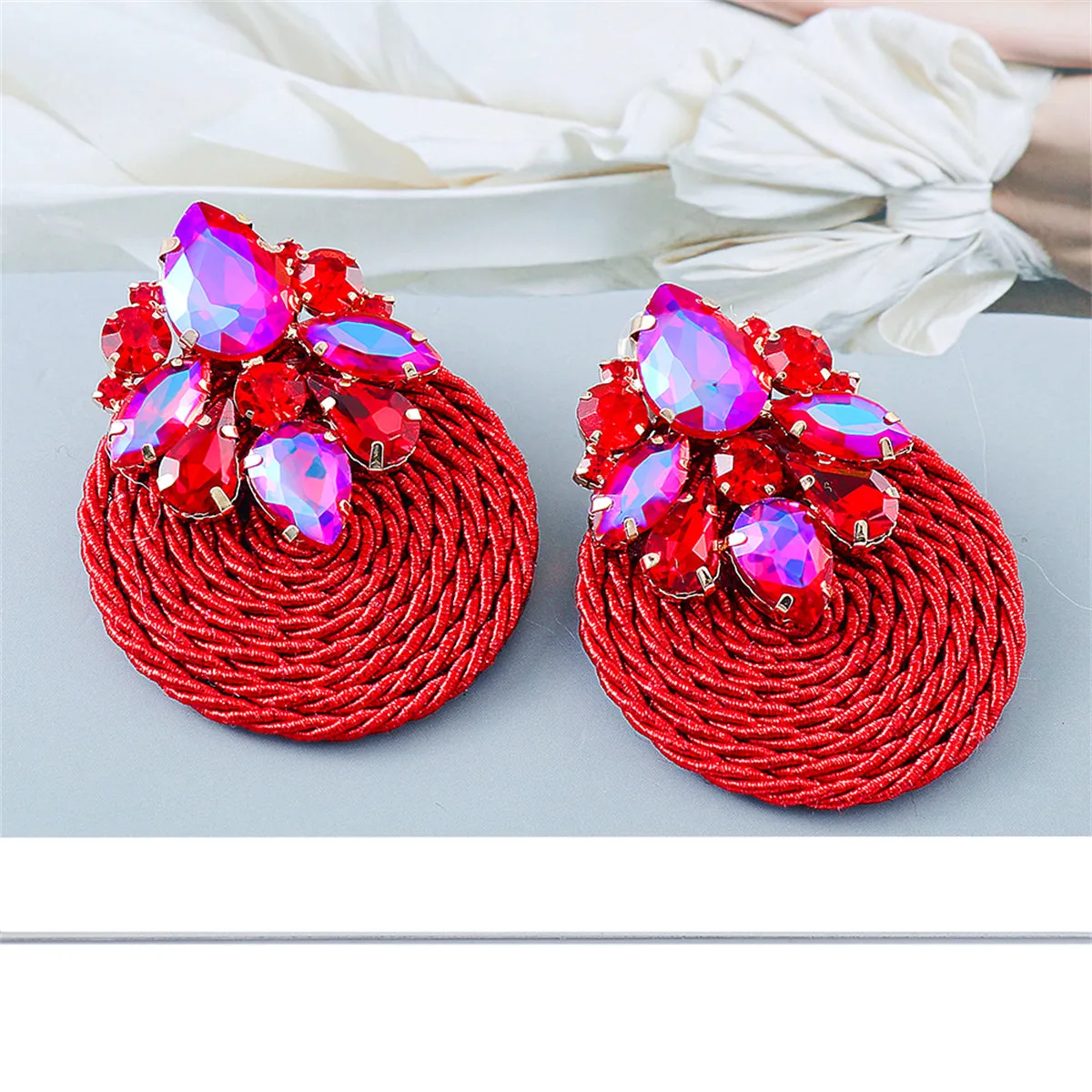 Red Cubic Zirconia & Crystal Cluster Rope Teardrop Earrings