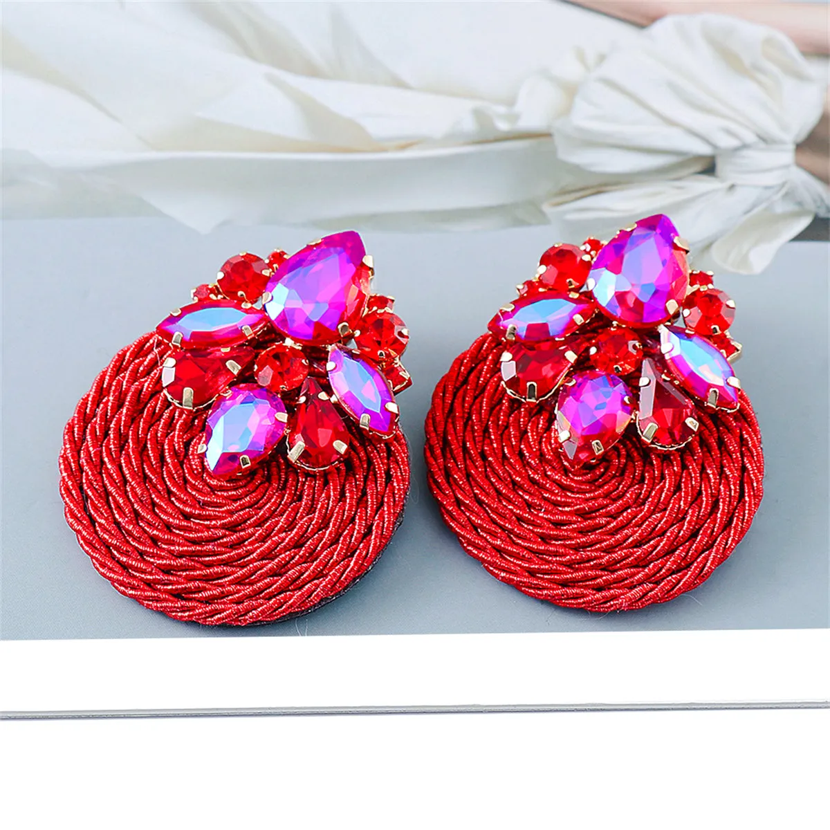 Red Cubic Zirconia & Crystal Cluster Rope Teardrop Earrings