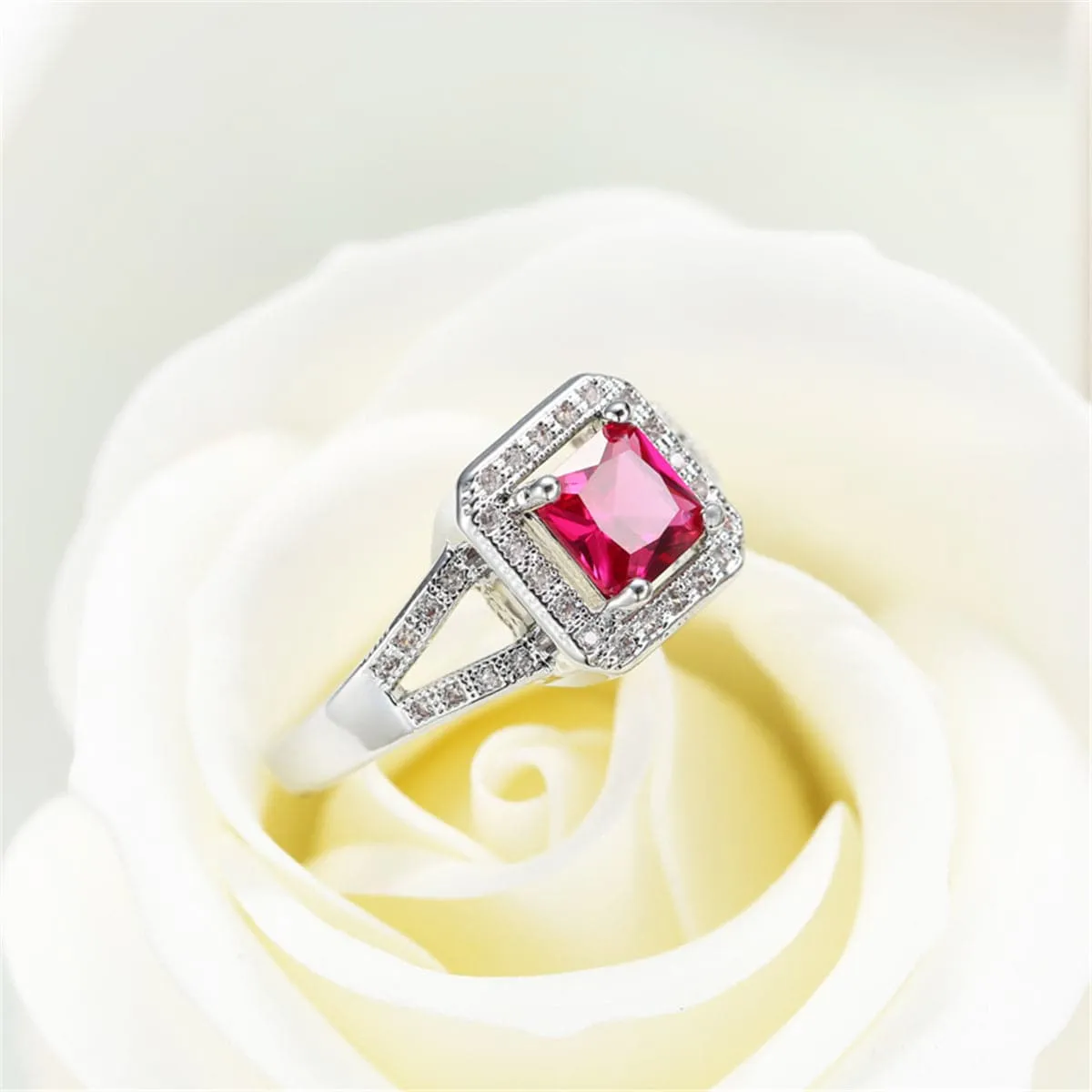 Red Cubic Zirconia & Crystal Halo Cushion-Cut Ring