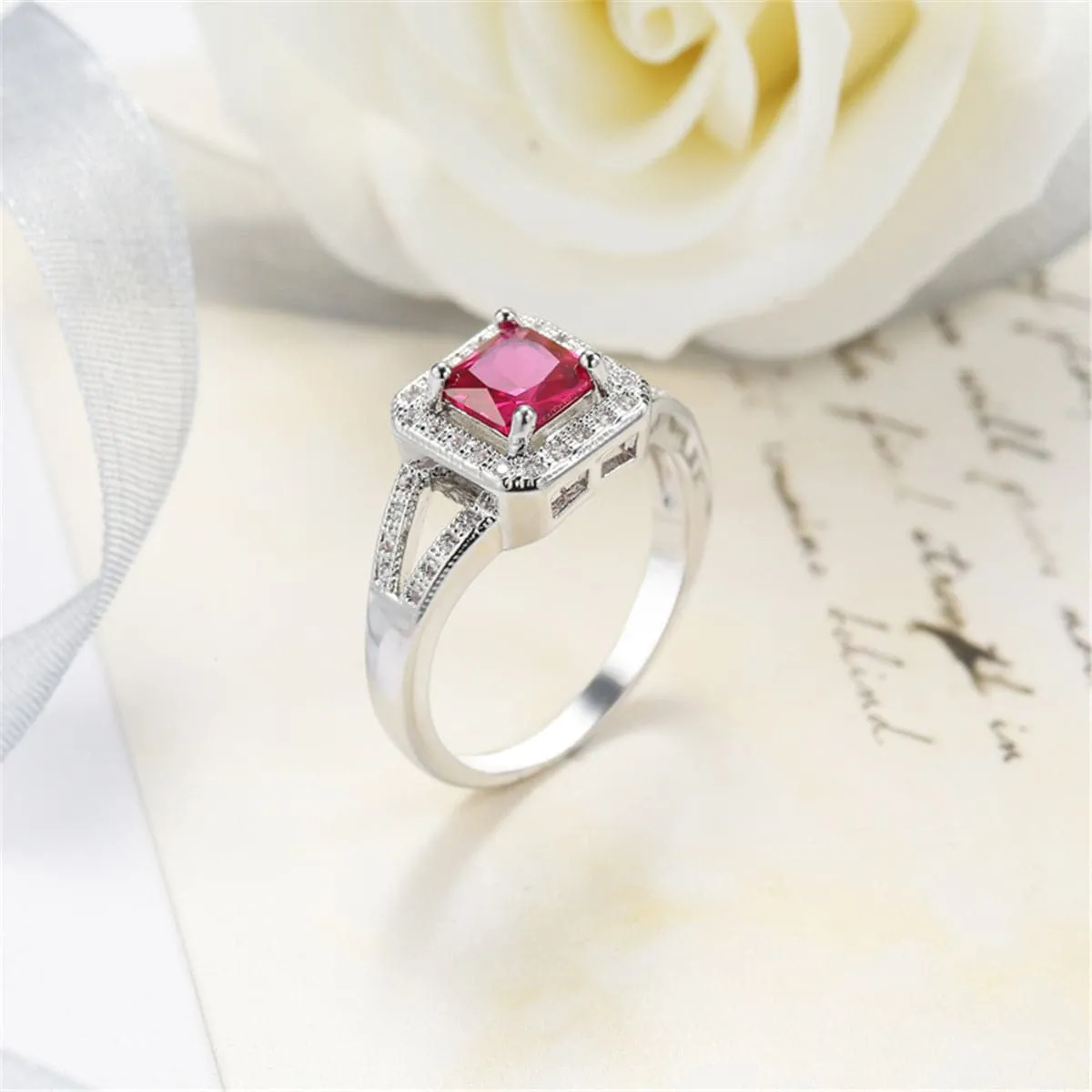 Red Cubic Zirconia & Crystal Halo Cushion-Cut Ring
