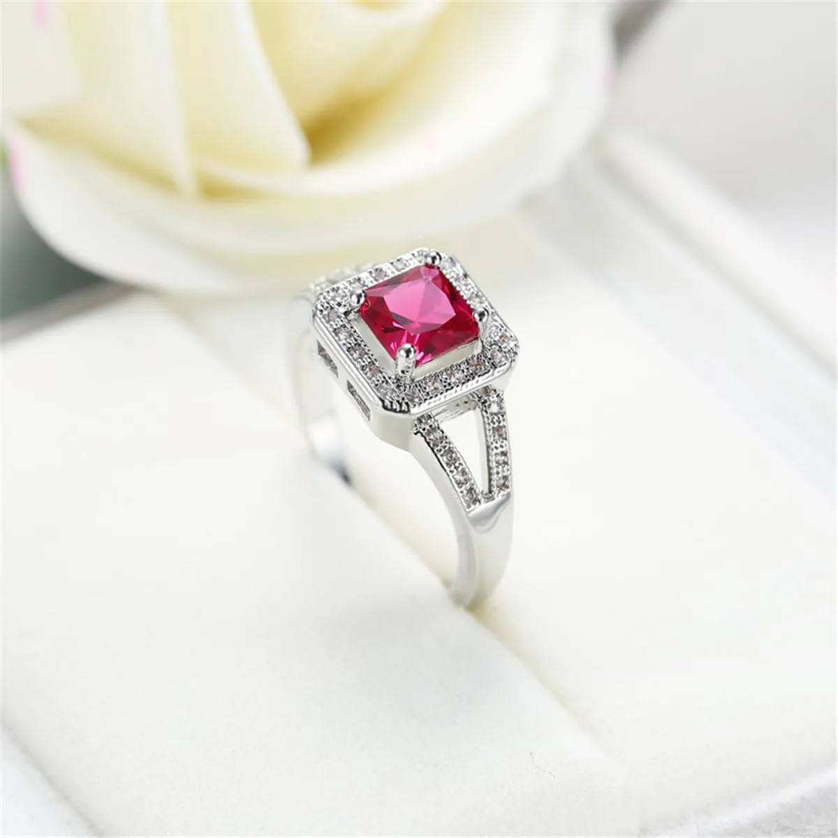 Red Cubic Zirconia & Crystal Halo Cushion-Cut Ring