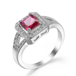 Red Cubic Zirconia & Crystal Halo Cushion-Cut Ring
