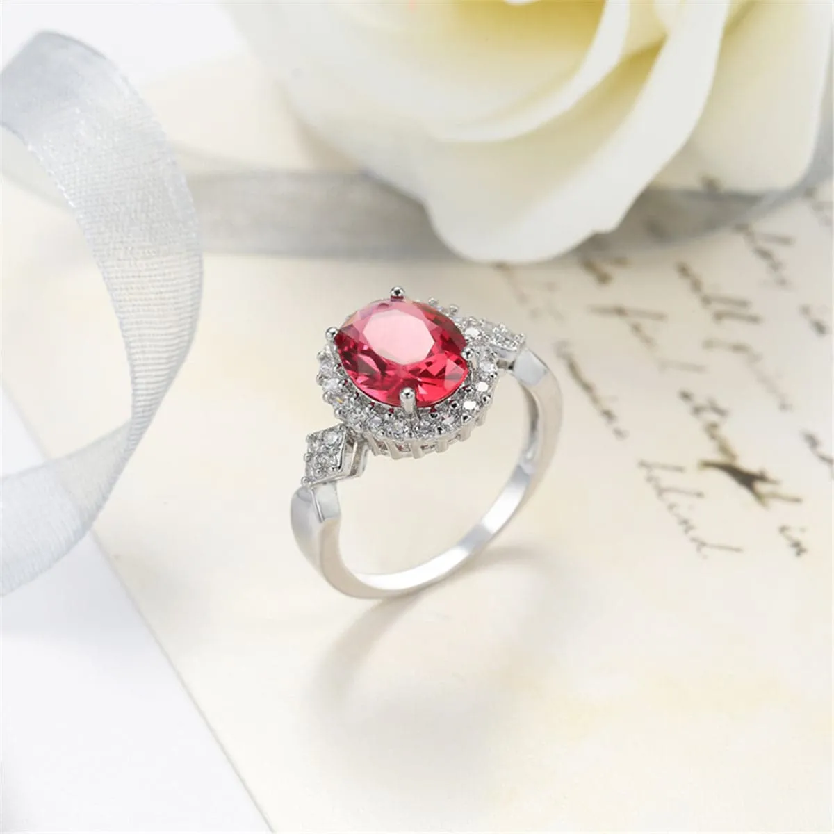 Red Cubic Zirconia & Crystal Halo Oval Ring