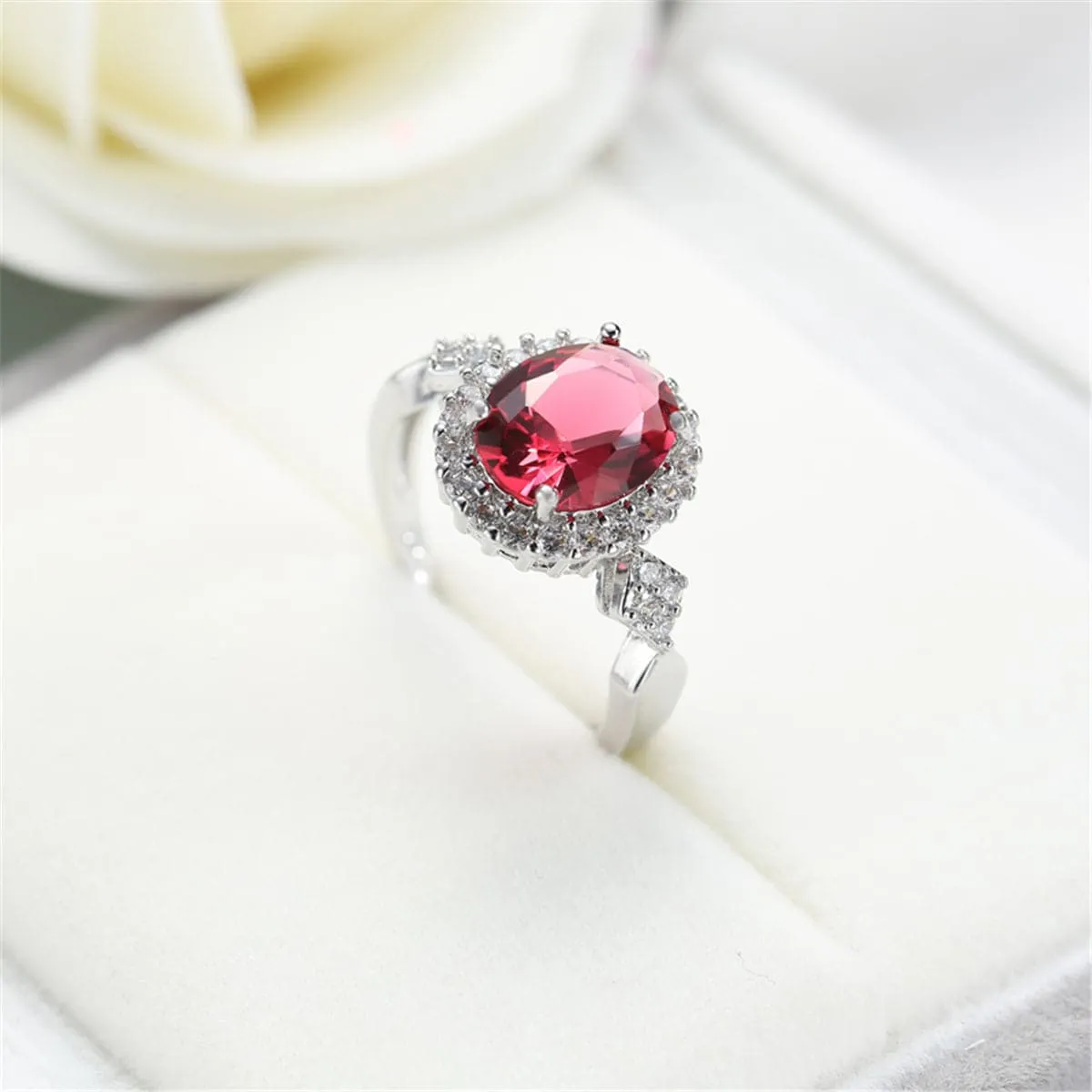 Red Cubic Zirconia & Crystal Halo Oval Ring