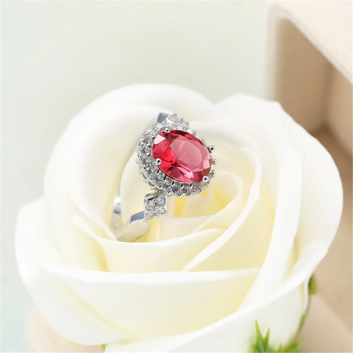 Red Cubic Zirconia & Crystal Halo Oval Ring