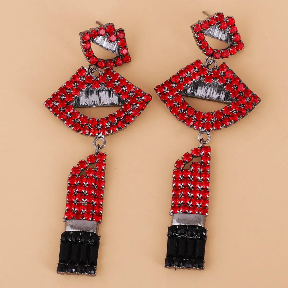 Red Cubic Zirconia & Crystal Lips Drop Earrings
