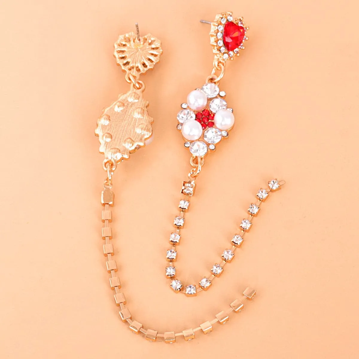 Red Cubic Zirconia & Pearl 18K Gold-Plated Heart Drop Earrings