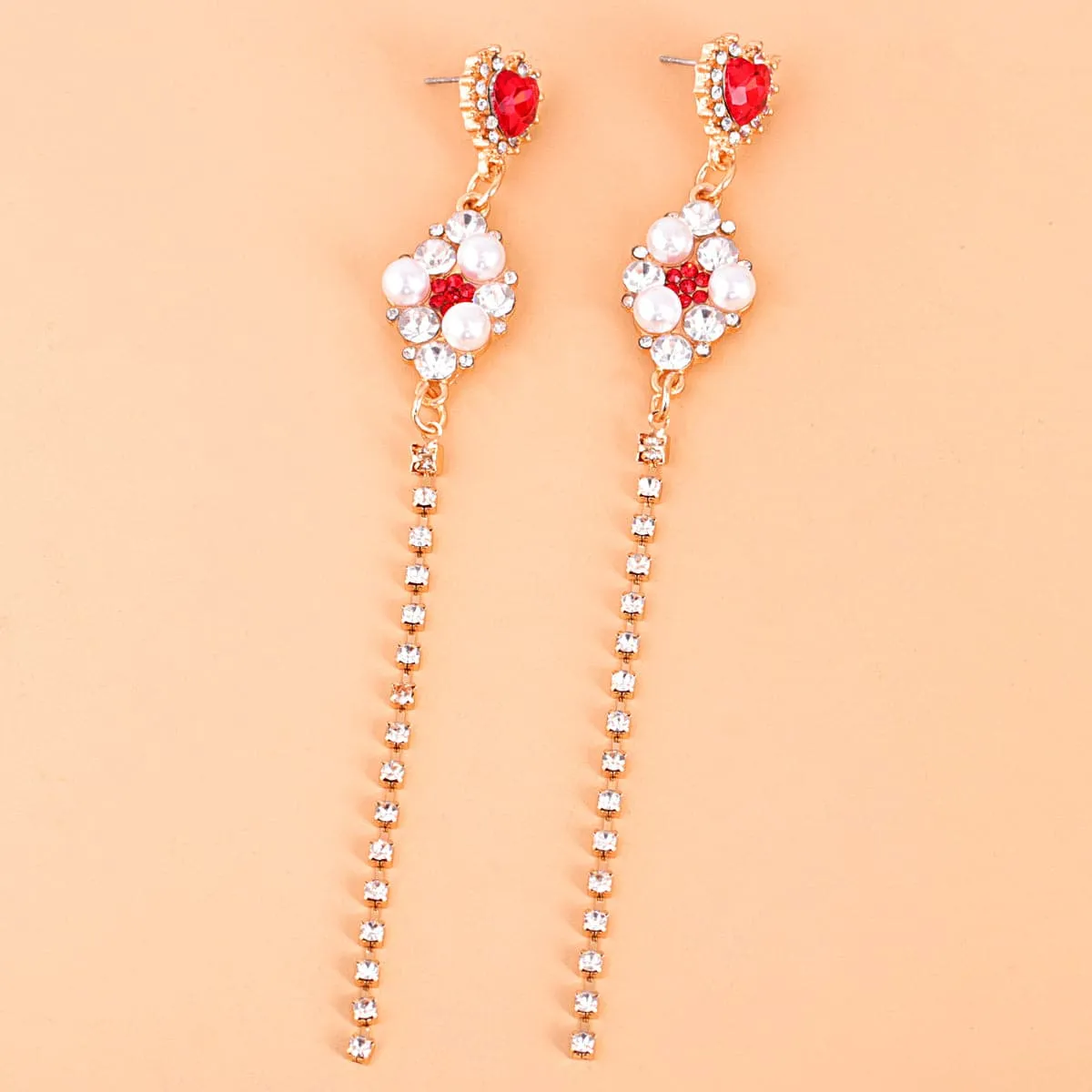 Red Cubic Zirconia & Pearl 18K Gold-Plated Heart Drop Earrings