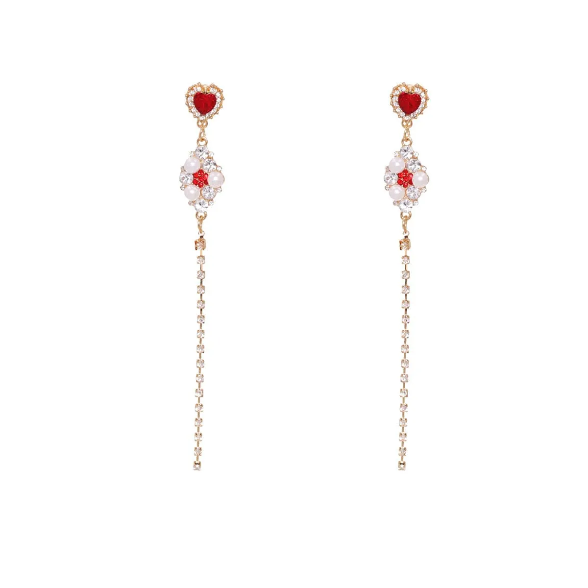 Red Cubic Zirconia & Pearl 18K Gold-Plated Heart Drop Earrings