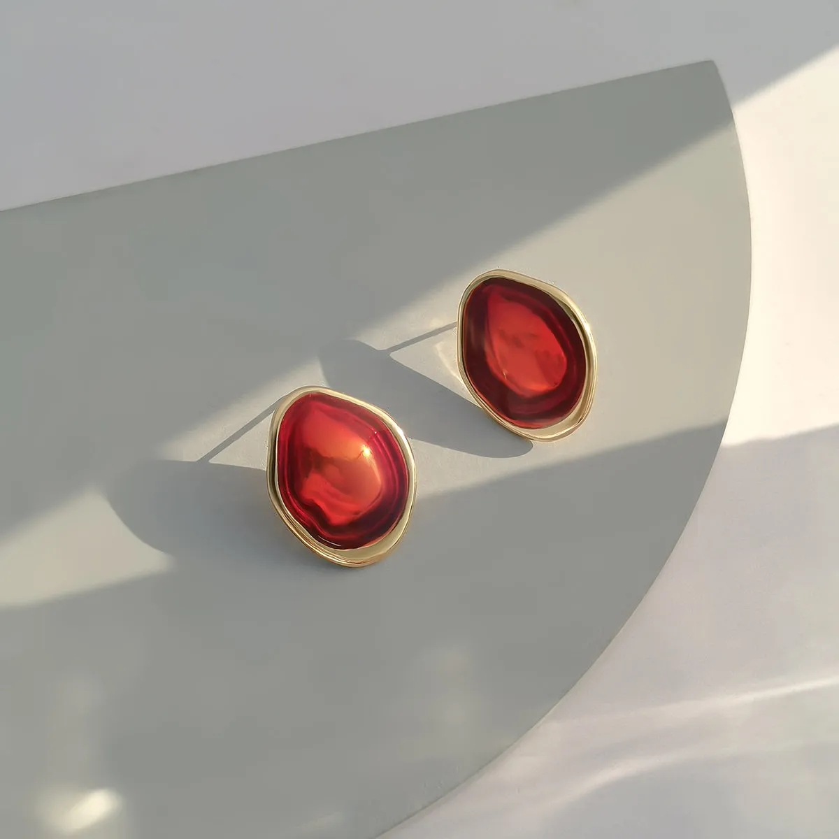 Red Enamel & 18K Gold-Plated Abstract Oval Stud Earrings