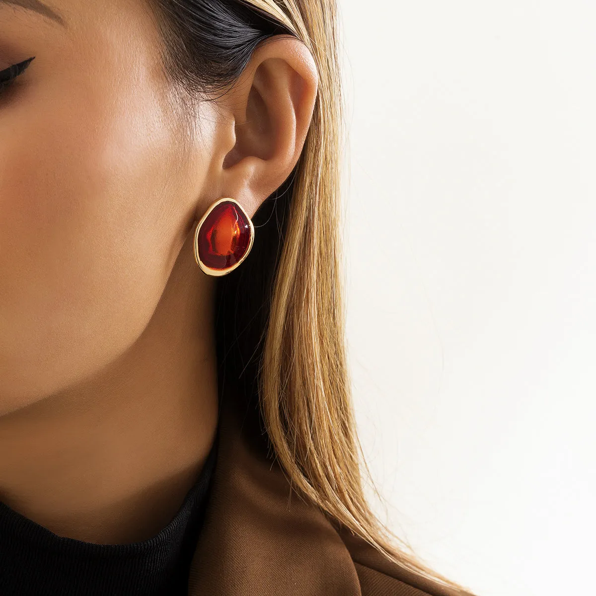 Red Enamel & 18K Gold-Plated Abstract Oval Stud Earrings