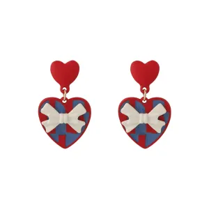 Red Enamel & 18K Gold-Plated Bow Heart Drop Earrings