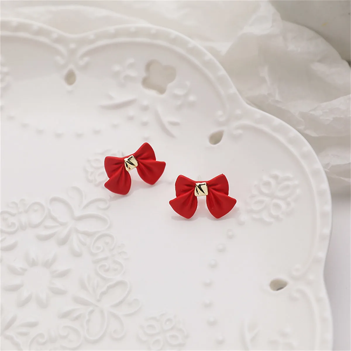 Red Enamel & 18K Gold-Plated Bow Stud Earrings