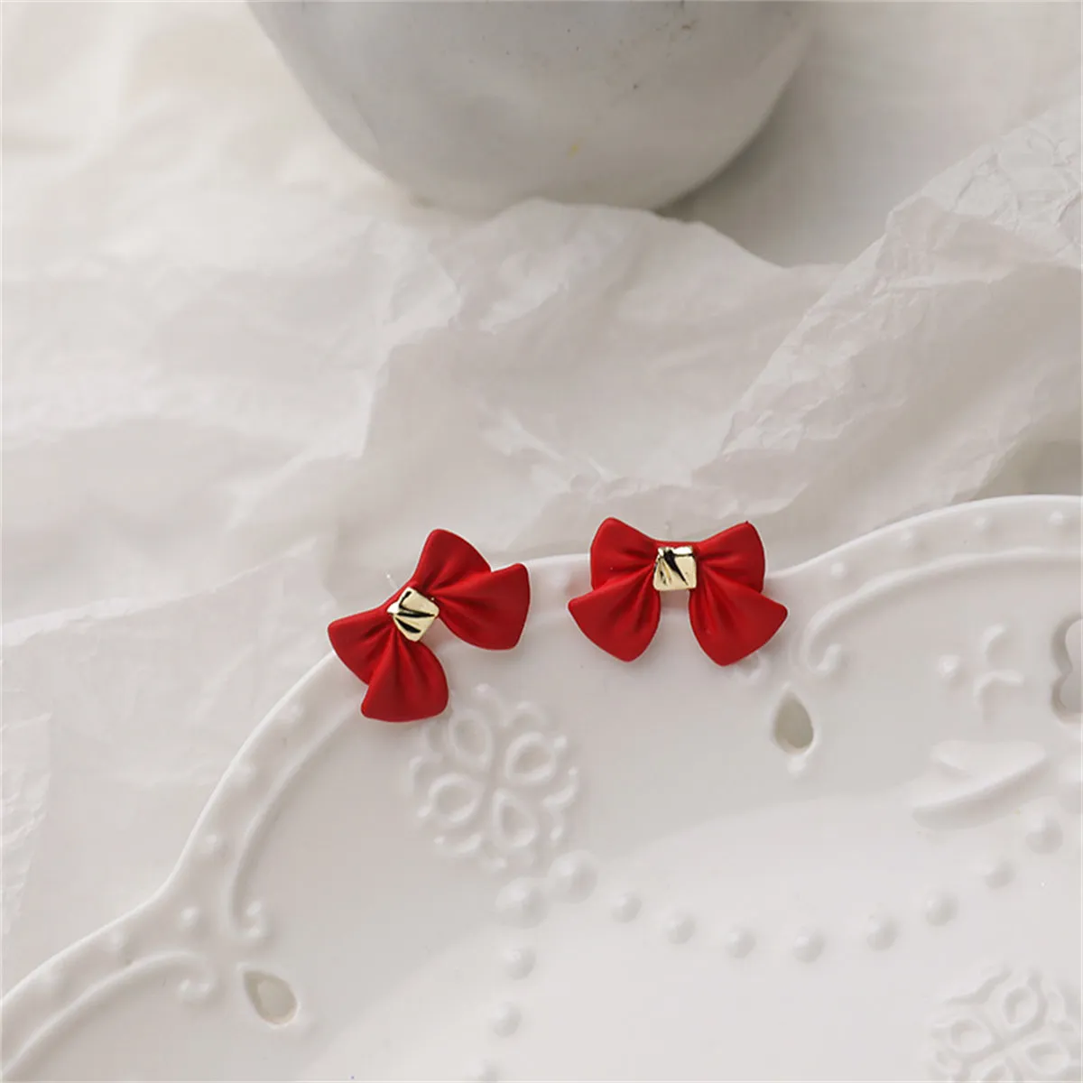 Red Enamel & 18K Gold-Plated Bow Stud Earrings