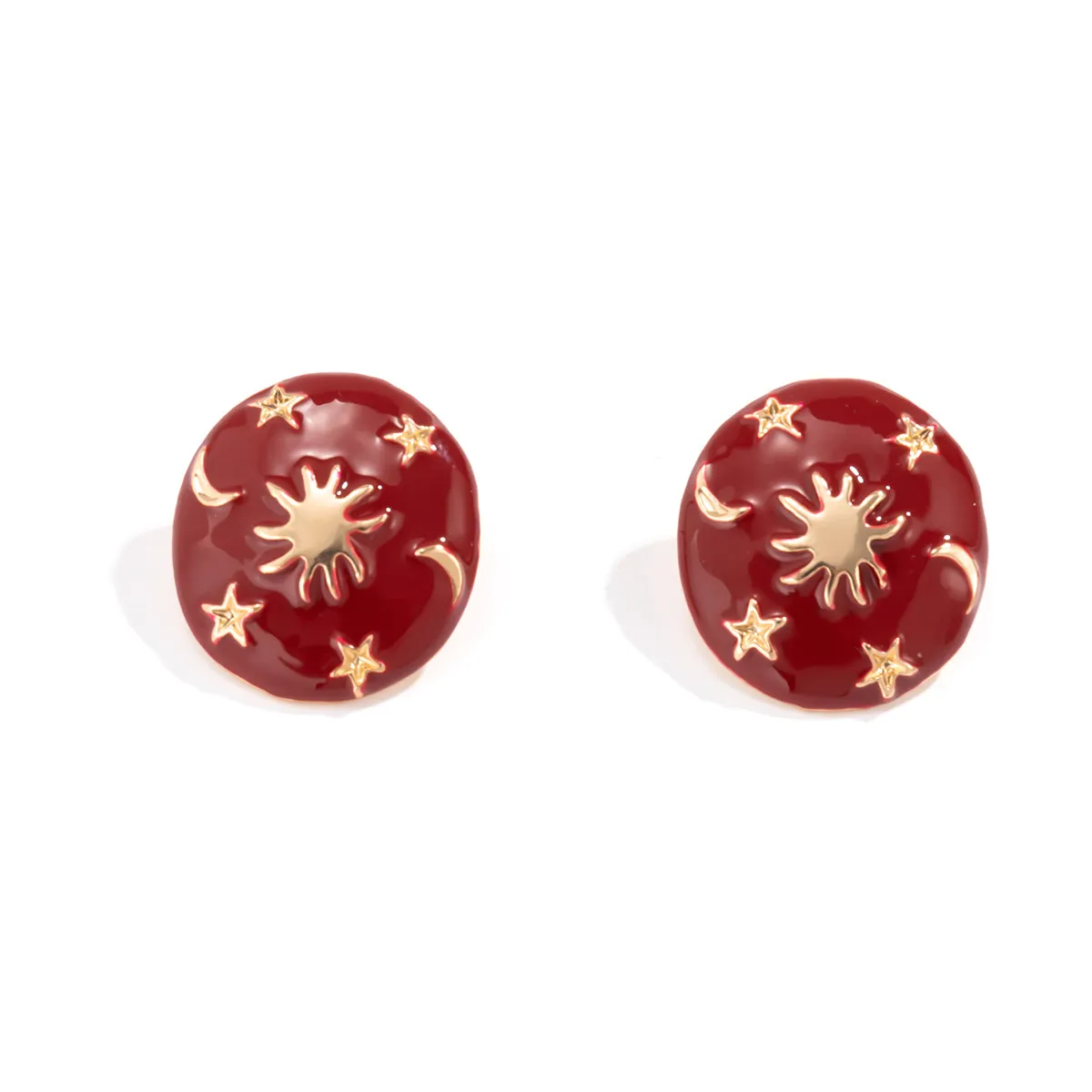 Red Enamel & 18K Gold-Plated Celestial Oval Stud Earrings