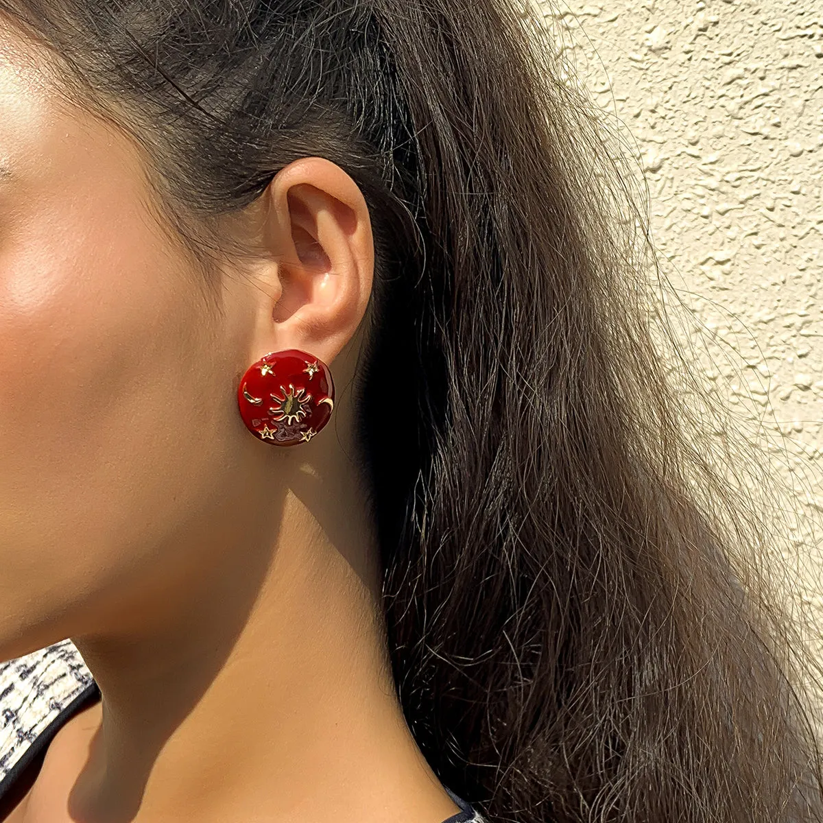 Red Enamel & 18K Gold-Plated Celestial Oval Stud Earrings