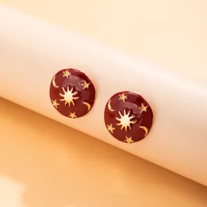 Red Enamel & 18K Gold-Plated Celestial Oval Stud Earrings