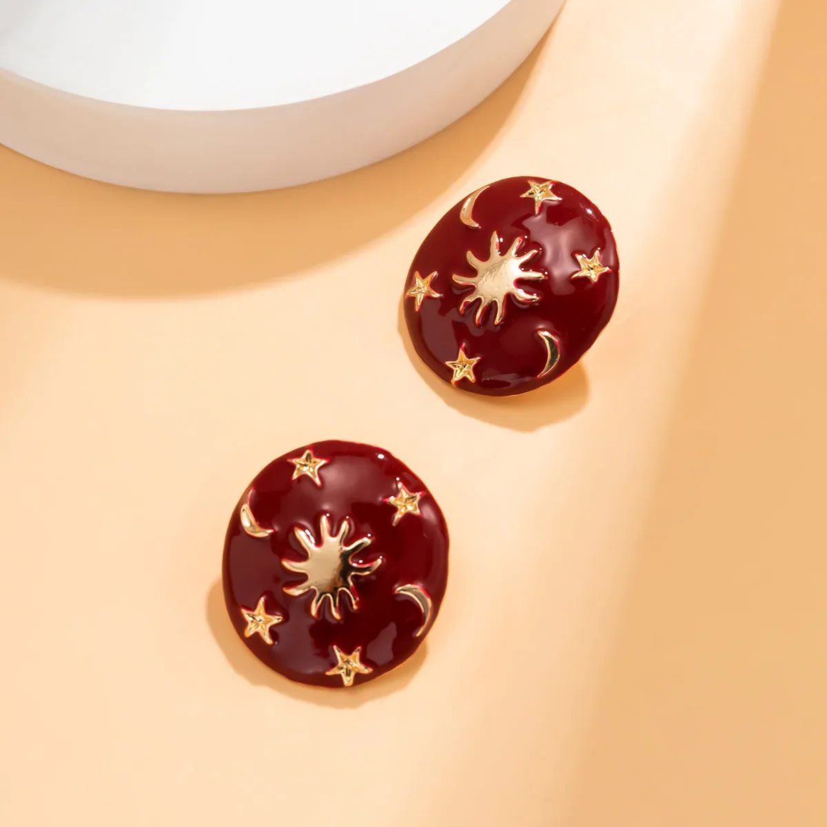 Red Enamel & 18K Gold-Plated Celestial Oval Stud Earrings