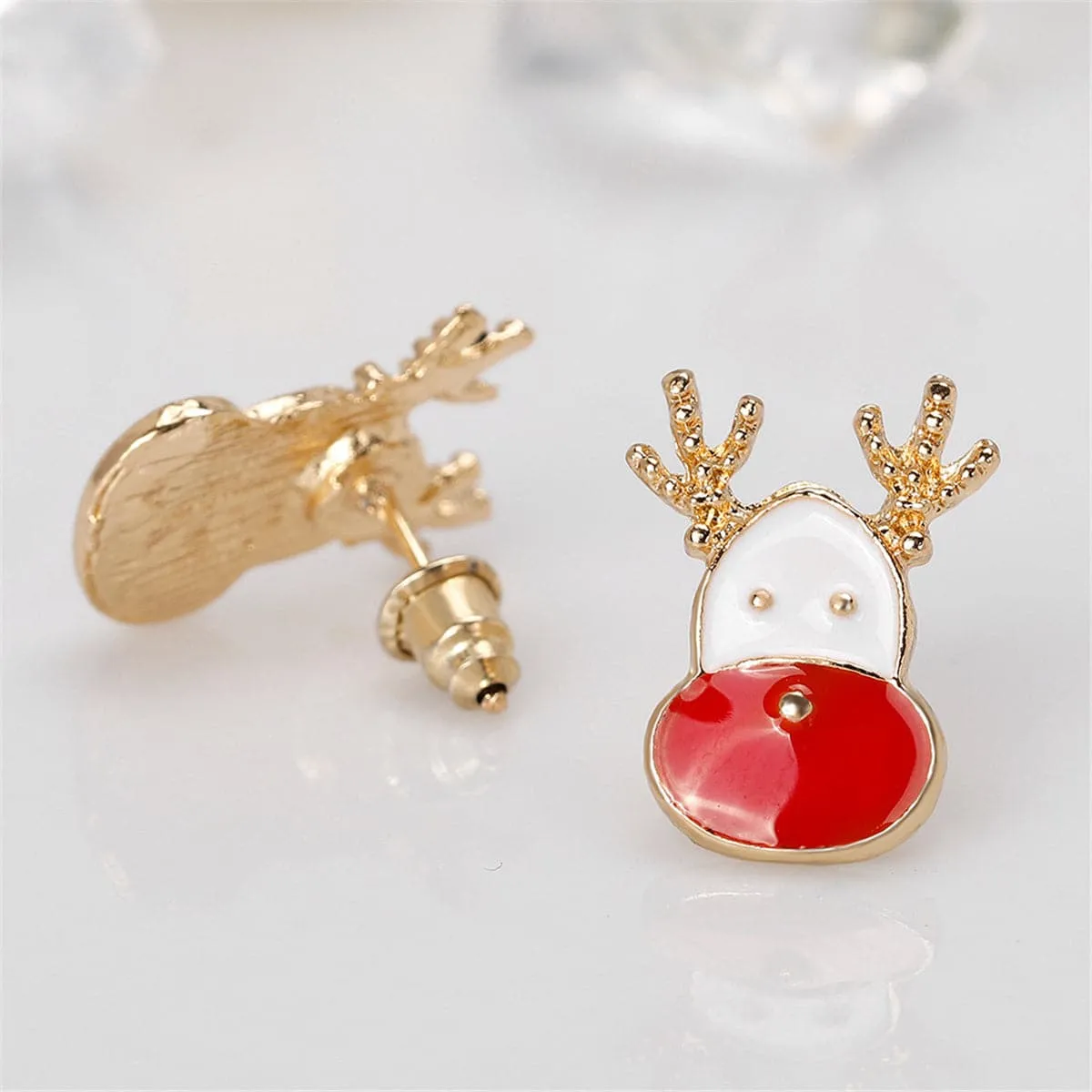 Red Enamel & 18K Gold-Plated Reindeer Face Stud Earrings