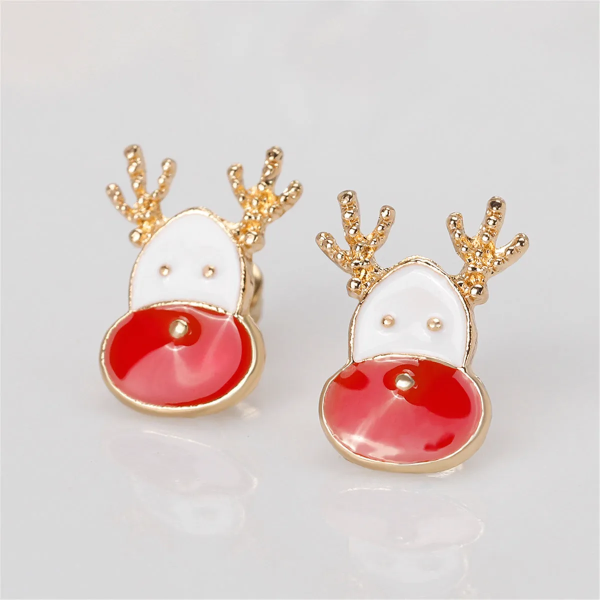 Red Enamel & 18K Gold-Plated Reindeer Face Stud Earrings