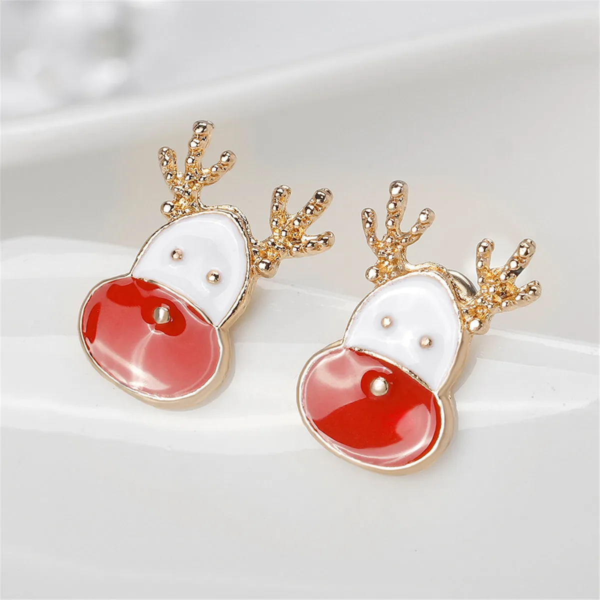 Red Enamel & 18K Gold-Plated Reindeer Face Stud Earrings