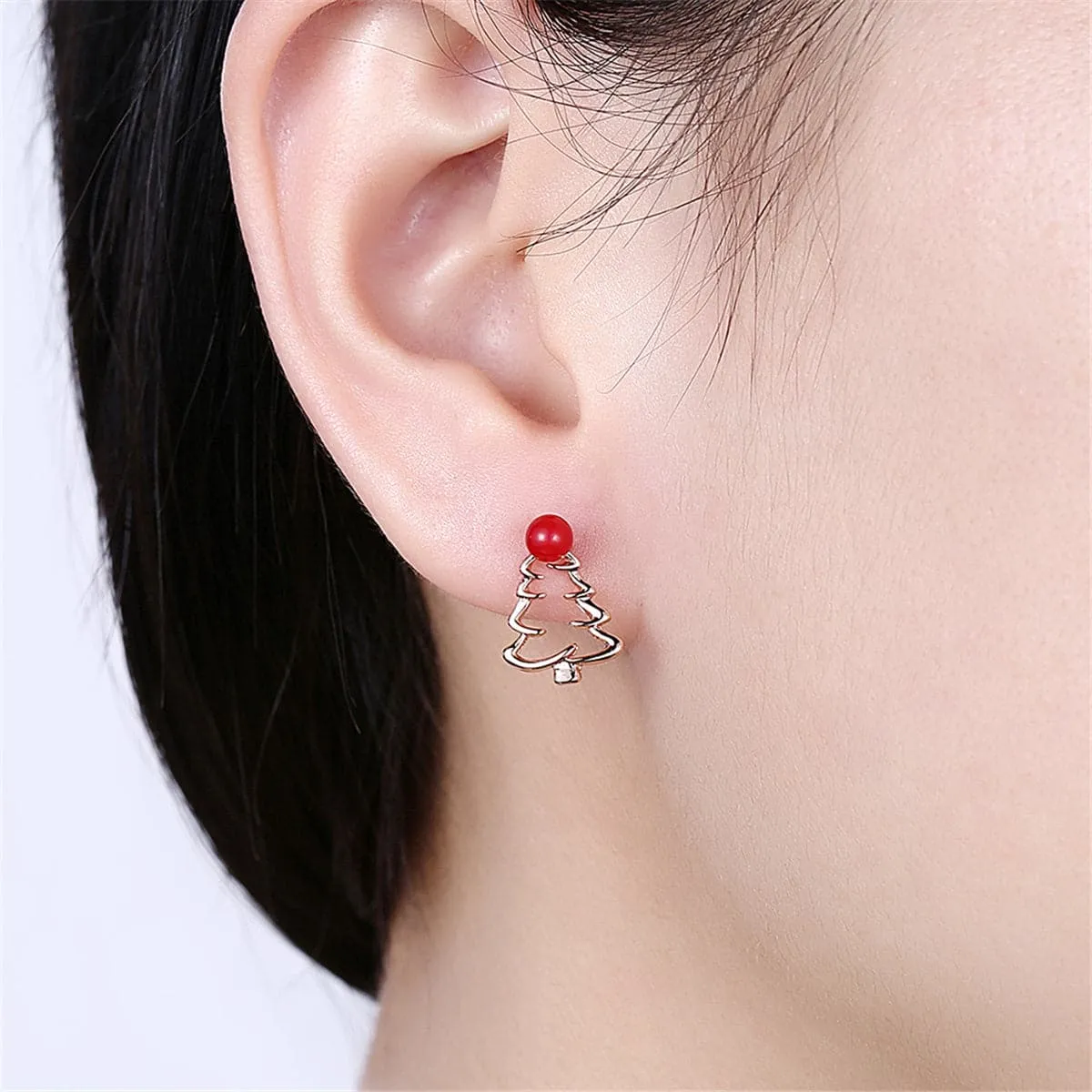 Red Enamel & 18K Rose Gold-Plated Open Christmas Tree Stud Earrings
