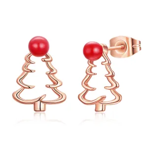 Red Enamel & 18K Rose Gold-Plated Open Christmas Tree Stud Earrings