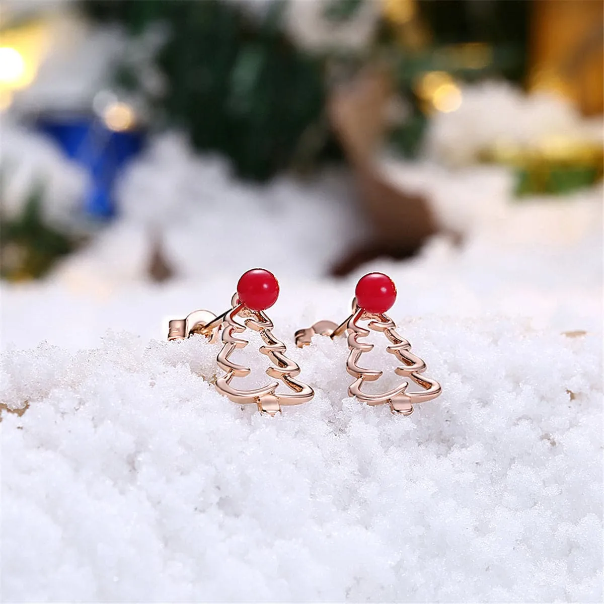 Red Enamel & 18K Rose Gold-Plated Open Christmas Tree Stud Earrings