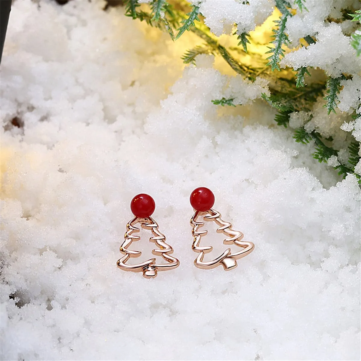 Red Enamel & 18K Rose Gold-Plated Open Christmas Tree Stud Earrings