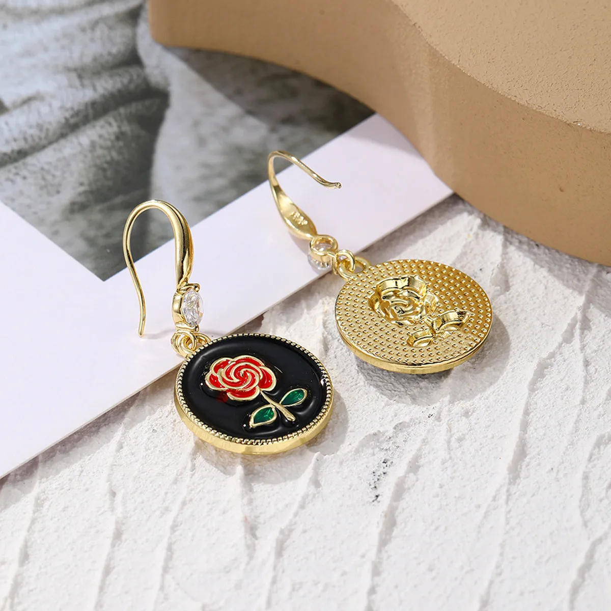 Red Enamel & Cubic Zirconia 18K Gold-Plated Floral Round Drop Earrings