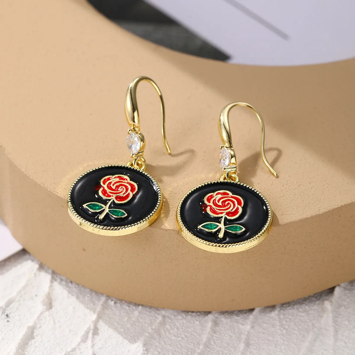 Red Enamel & Cubic Zirconia 18K Gold-Plated Floral Round Drop Earrings