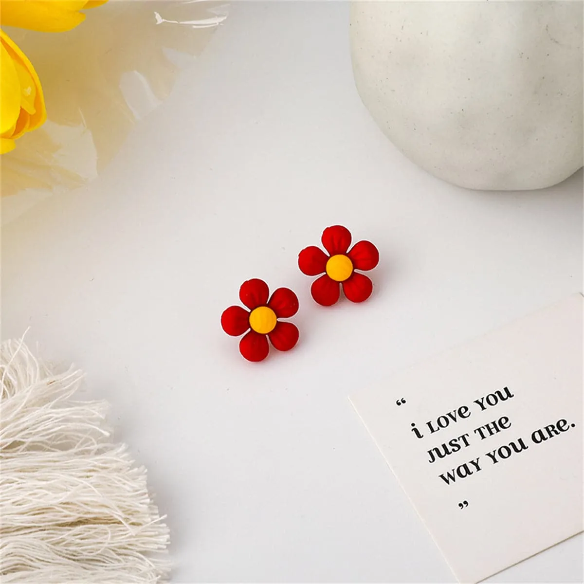 Red Enamel & Silver-Plated Flower Stud Earrings