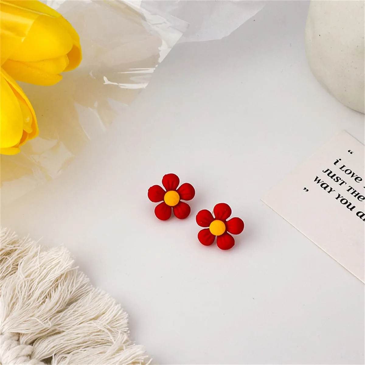 Red Enamel & Silver-Plated Flower Stud Earrings
