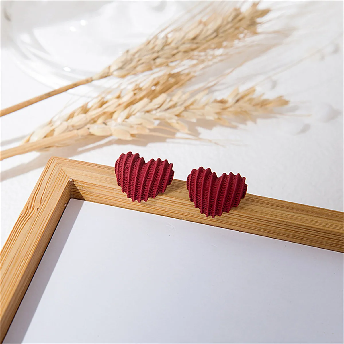 Red Enamel & Silver-Plated Textured Heart Stud Earrings