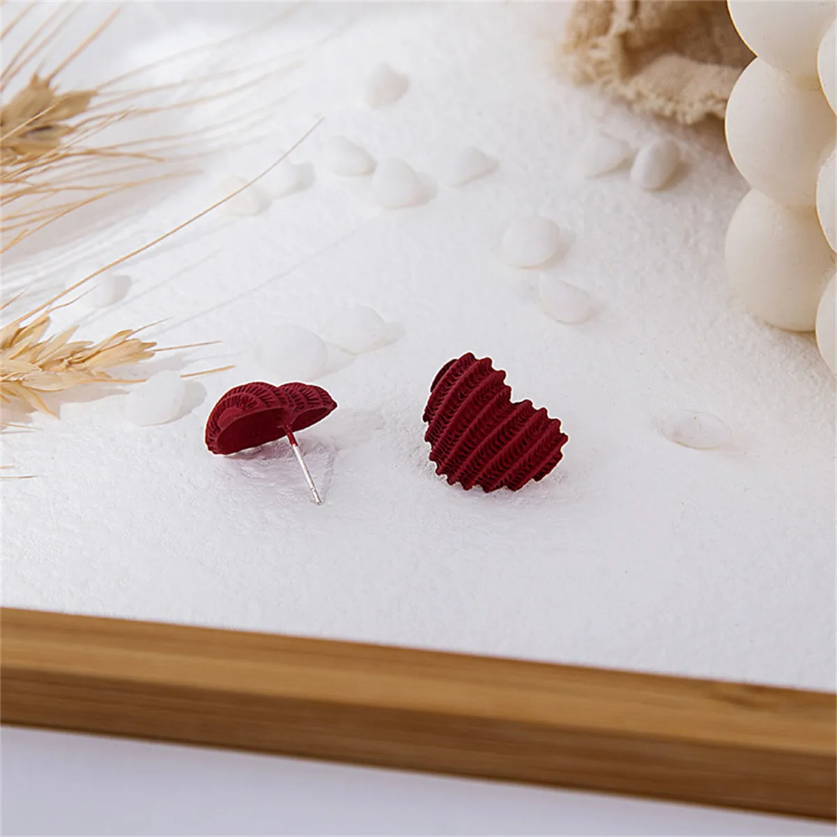Red Enamel & Silver-Plated Textured Heart Stud Earrings