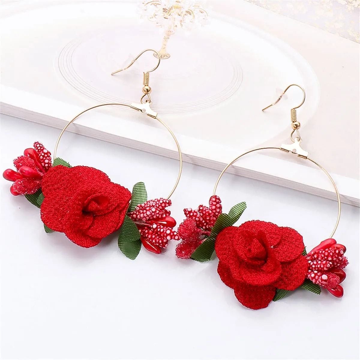 Red Lace & Resin 18K Gold-Plated Flower Drop Earrings