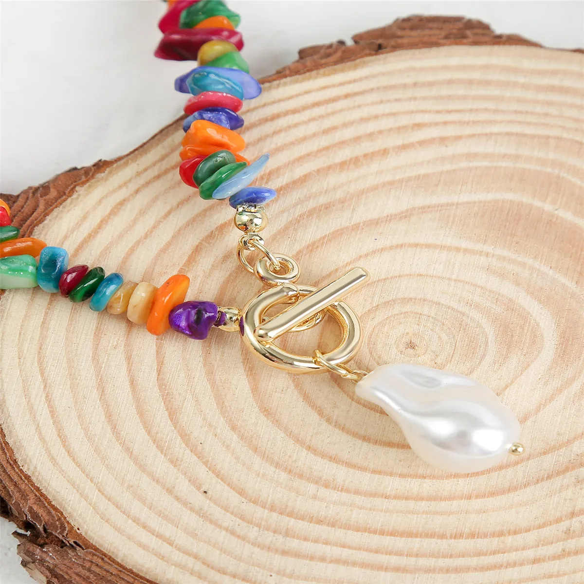 Red Multicolor Resin & Pearl Irregular Stone Pendant Necklace