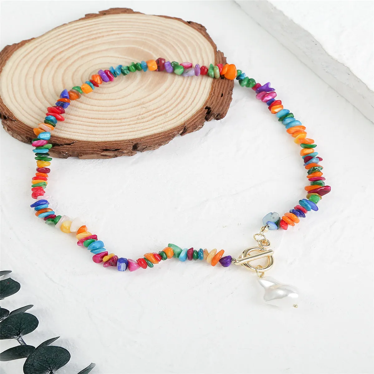 Red Multicolor Resin & Pearl Irregular Stone Pendant Necklace