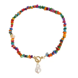Red Multicolor Resin & Pearl Irregular Stone Pendant Necklace