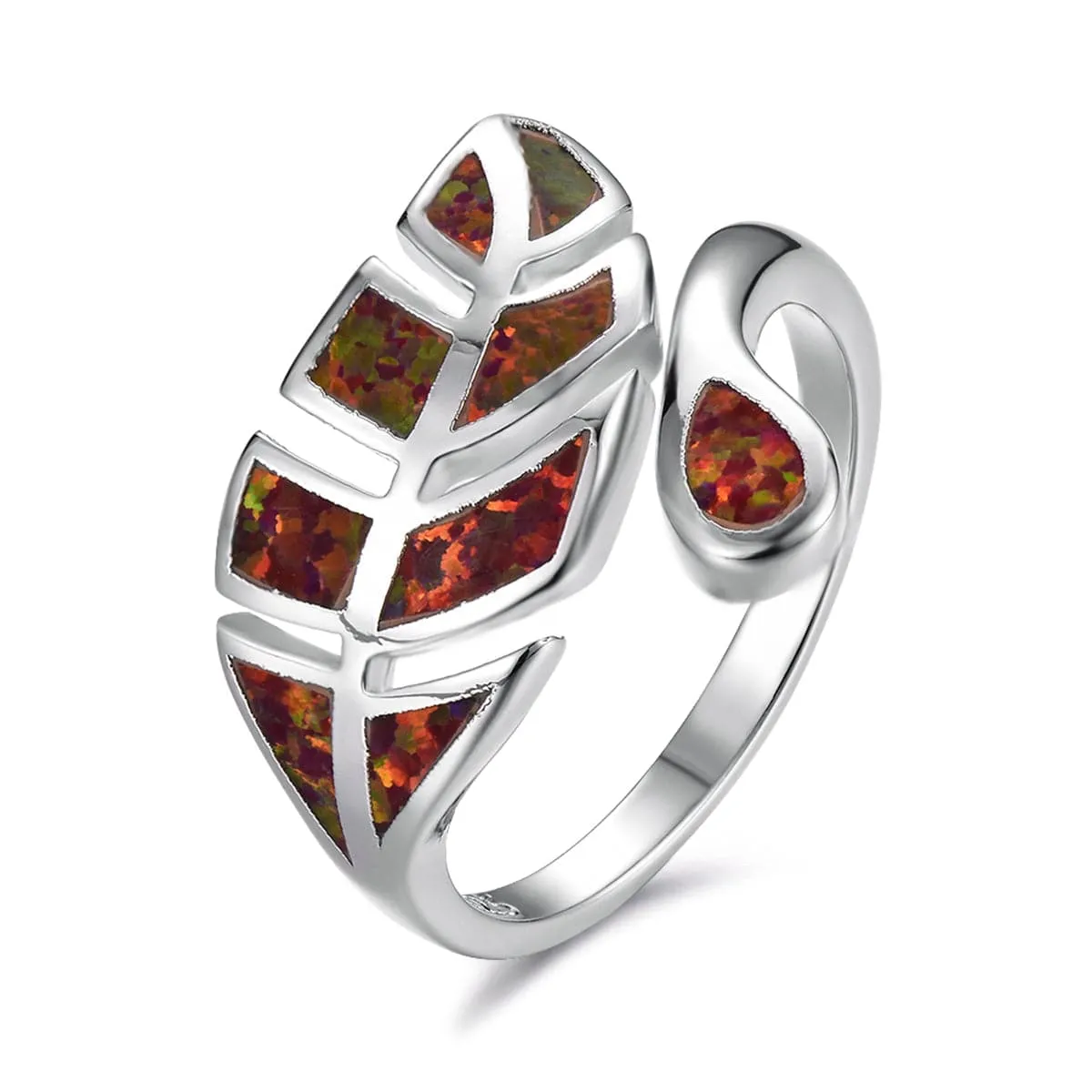 Red Opal & Silver-Plated Leaf Bypass Ring