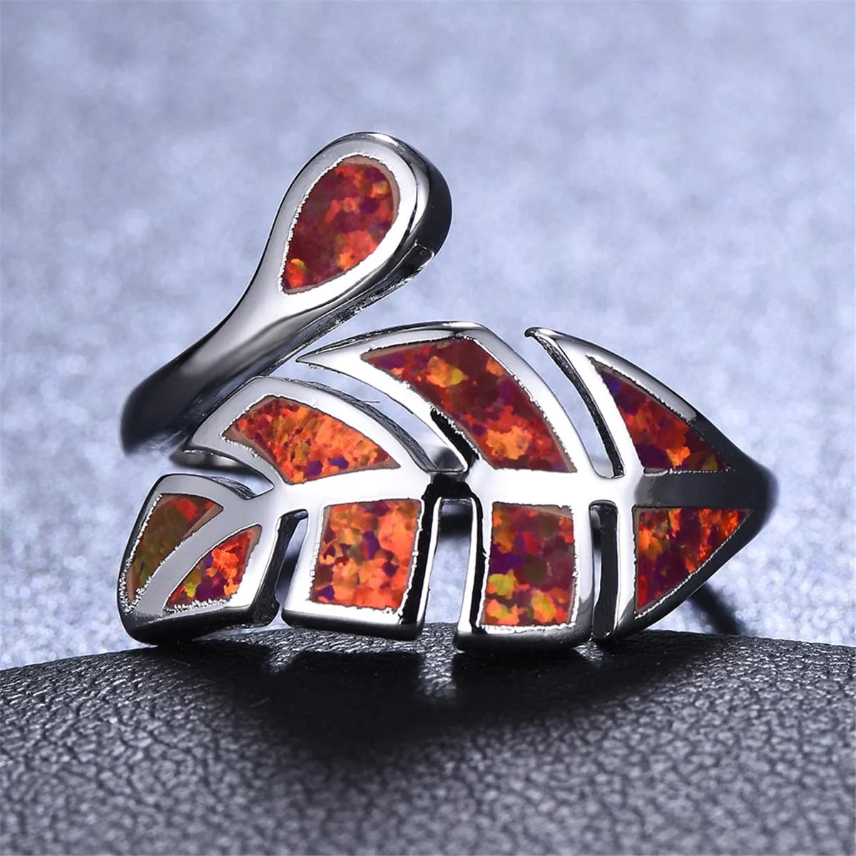 Red Opal & Silver-Plated Leaf Bypass Ring