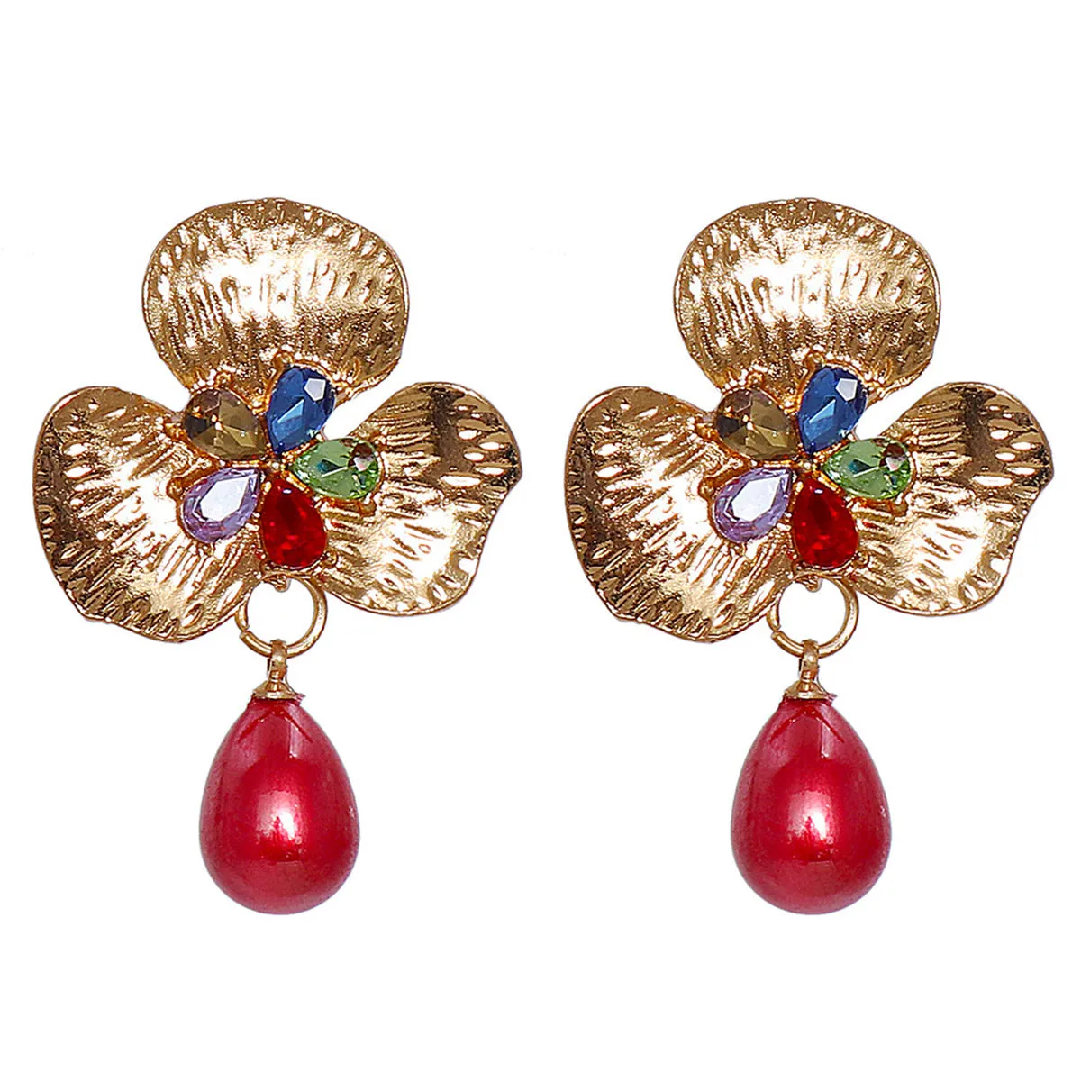 Red Pearl & Crystal 18K Gold-Plated Flower Drop Earrings