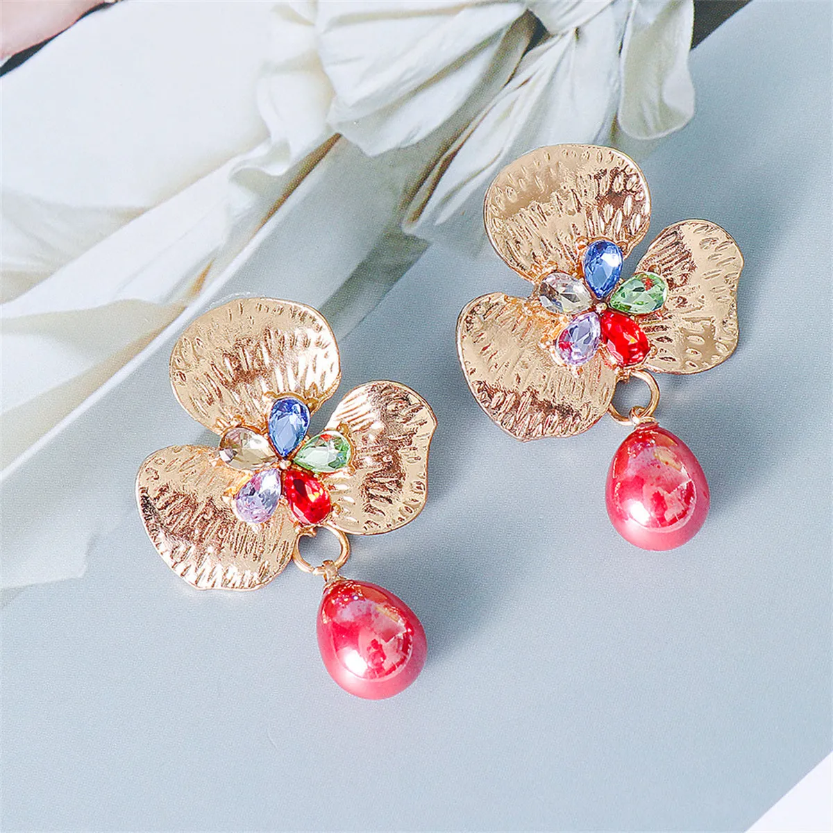 Red Pearl & Crystal 18K Gold-Plated Flower Drop Earrings